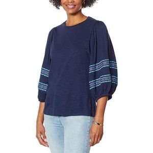 DG2 by Diane Gilman Embroidered Balloon-Sleeve Tee NWT,  Blue